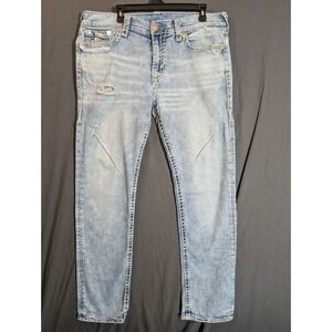 True Religion Ricky Relaxed Straight Jeans Men Light Wash Distressed Size 36